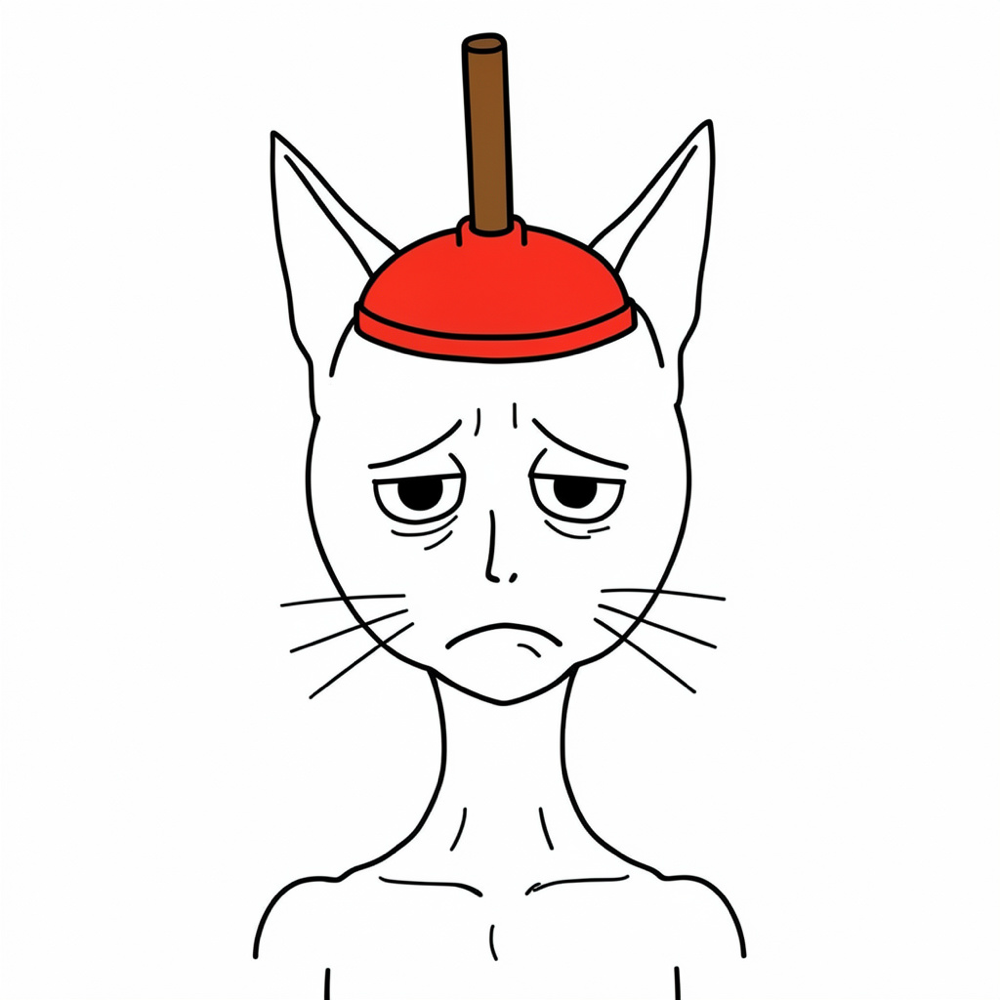 A crude wojak with cat ears, whiskers and a red plunger stuck on his head